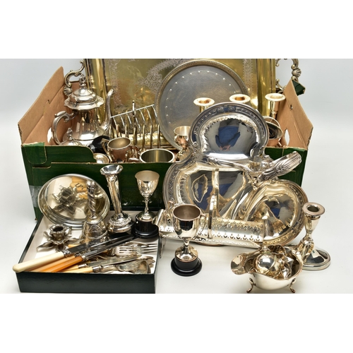 56 - A BOX OF ASSORTED WHITE METAL WARE, to include four trays, a three piece coffee set, an assortment o... 