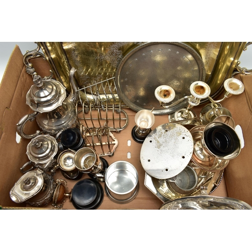 56 - A BOX OF ASSORTED WHITE METAL WARE, to include four trays, a three piece coffee set, an assortment o... 