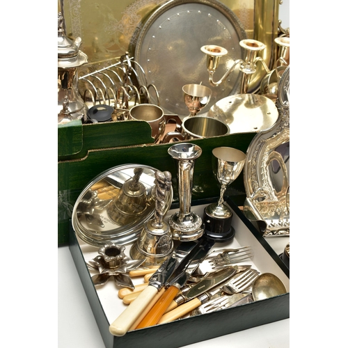 56 - A BOX OF ASSORTED WHITE METAL WARE, to include four trays, a three piece coffee set, an assortment o... 