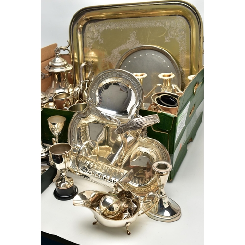 56 - A BOX OF ASSORTED WHITE METAL WARE, to include four trays, a three piece coffee set, an assortment o... 