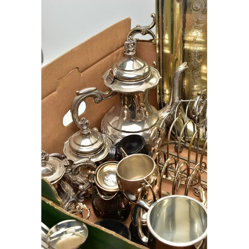 56 - A BOX OF ASSORTED WHITE METAL WARE, to include four trays, a three piece coffee set, an assortment o... 