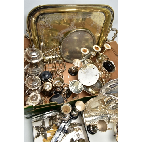 56 - A BOX OF ASSORTED WHITE METAL WARE, to include four trays, a three piece coffee set, an assortment o... 