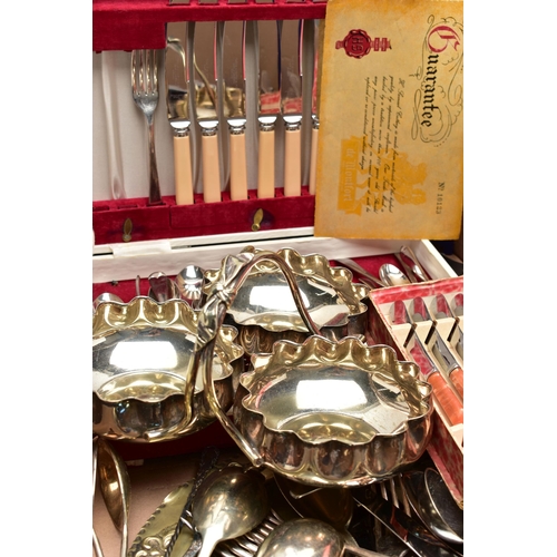 57 - A BOX OF ASSORTED WHITE METAL WARE, to include a three bowl nut dish, a cased set of six tea knives,... 