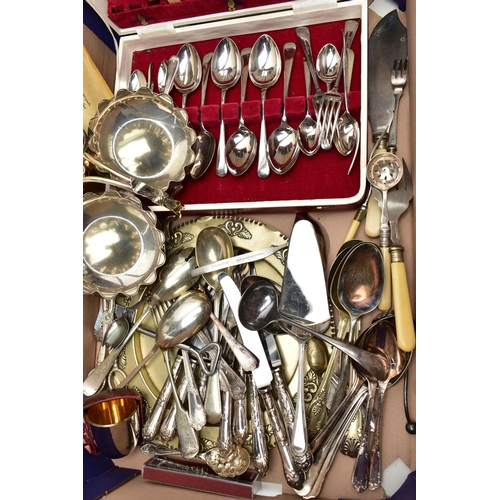 57 - A BOX OF ASSORTED WHITE METAL WARE, to include a three bowl nut dish, a cased set of six tea knives,... 