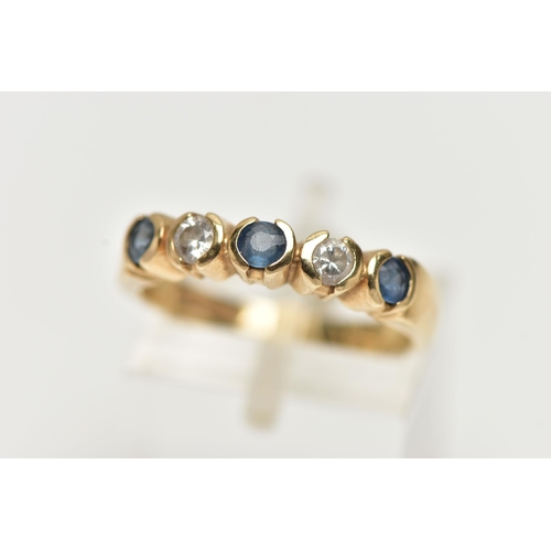 6 - A 9CT YELLOW GOLD, DIAMOND AND SAPPHIRE HALF ETERNITY RING, designed with a row of three circular cu... 