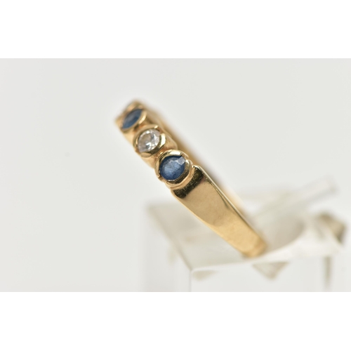 6 - A 9CT YELLOW GOLD, DIAMOND AND SAPPHIRE HALF ETERNITY RING, designed with a row of three circular cu... 