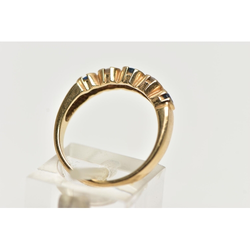 6 - A 9CT YELLOW GOLD, DIAMOND AND SAPPHIRE HALF ETERNITY RING, designed with a row of three circular cu... 