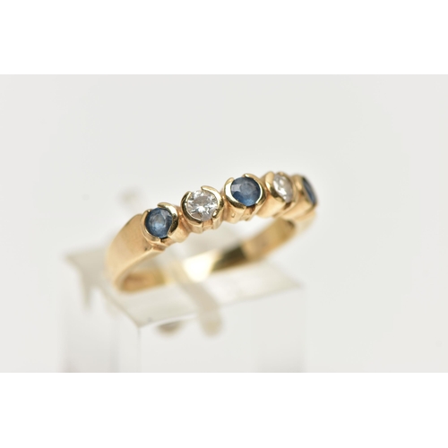 6 - A 9CT YELLOW GOLD, DIAMOND AND SAPPHIRE HALF ETERNITY RING, designed with a row of three circular cu... 