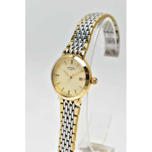 60 - A LADIES 'ROTARY' QUARTZ WRISTWATCH, round cream textured dial signed 'Rotary', baton markers, date ... 