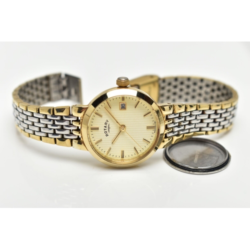 60 - A LADIES 'ROTARY' QUARTZ WRISTWATCH, round cream textured dial signed 'Rotary', baton markers, date ... 