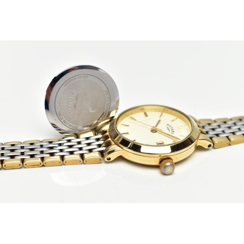 60 - A LADIES 'ROTARY' QUARTZ WRISTWATCH, round cream textured dial signed 'Rotary', baton markers, date ... 