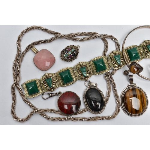 64 - A COLLECTION OF SILVER AND WHITE METAL GEM SET JEWELLERY, to include a tiger's eye bangle, Swedish h... 