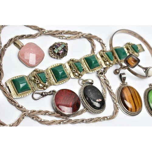 64 - A COLLECTION OF SILVER AND WHITE METAL GEM SET JEWELLERY, to include a tiger's eye bangle, Swedish h... 