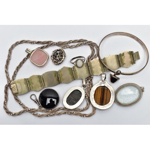 64 - A COLLECTION OF SILVER AND WHITE METAL GEM SET JEWELLERY, to include a tiger's eye bangle, Swedish h... 