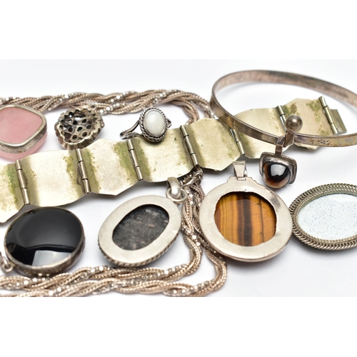 64 - A COLLECTION OF SILVER AND WHITE METAL GEM SET JEWELLERY, to include a tiger's eye bangle, Swedish h... 