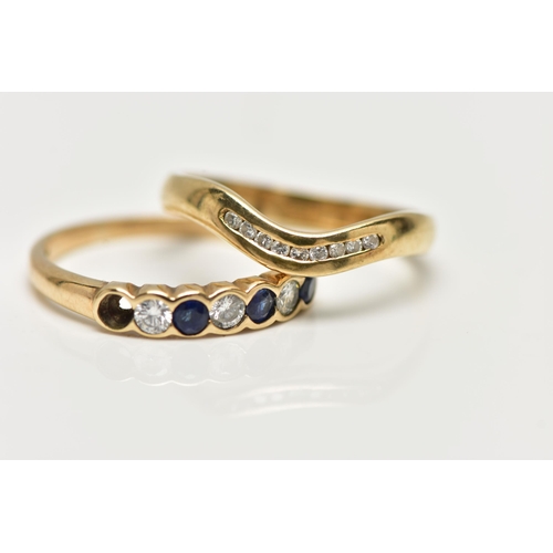 9 - TWO 9CT GOLD GEM SET RINGS, the first a yellow gold, half eternity ring set with three blue sapphire... 