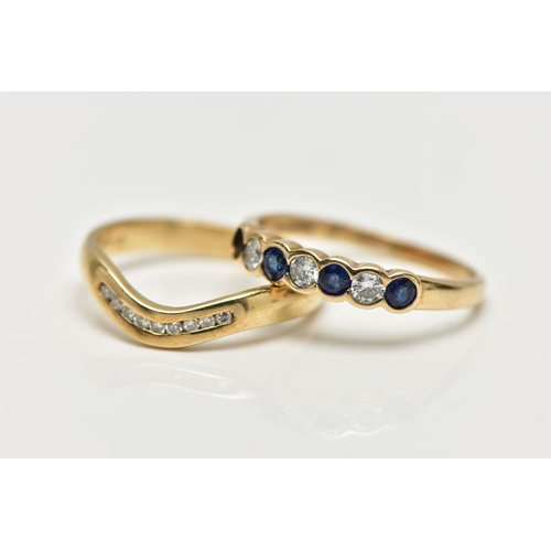 9 - TWO 9CT GOLD GEM SET RINGS, the first a yellow gold, half eternity ring set with three blue sapphire... 