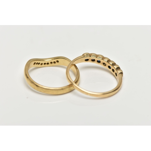 9 - TWO 9CT GOLD GEM SET RINGS, the first a yellow gold, half eternity ring set with three blue sapphire... 