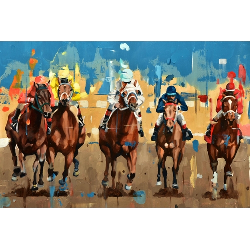 312 - PETE HAWKINS (BRITISH / PANAMA 1980) 'RACE TIME', five racehorses and jockeys in full gallop, signed... 