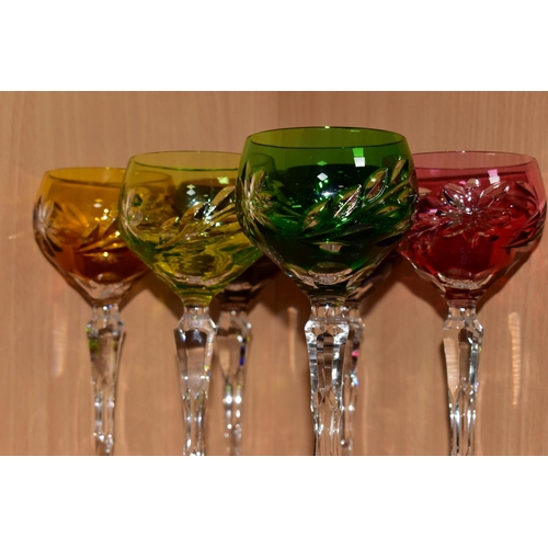 330 - A HARLEQUIN SET OF SIX HOCK GLASSES, comprising cranberry, amethyst, blue, yellow, green, lime green... 