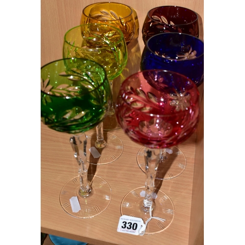 330 - A HARLEQUIN SET OF SIX HOCK GLASSES, comprising cranberry, amethyst, blue, yellow, green, lime green... 