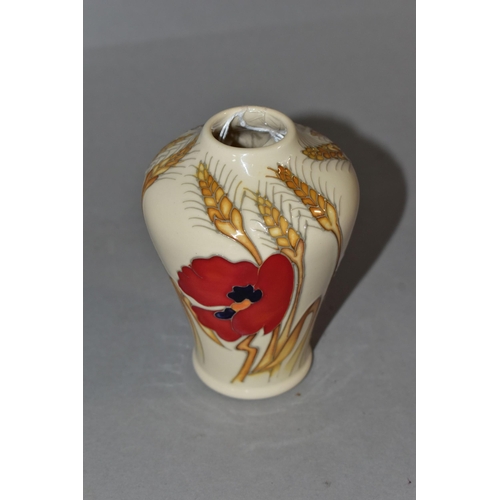 331 - A MOORCROFT 'POPPY HARVEST' BUD VASE, designed by Emma Bossons, tube lined wheat and red poppies on ... 