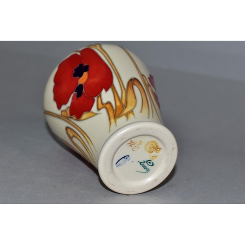 331 - A MOORCROFT 'POPPY HARVEST' BUD VASE, designed by Emma Bossons, tube lined wheat and red poppies on ... 