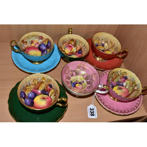 338 - A SET OF FOUR AYNSLEY ORCHARD GOLD CABINET TEA CUPS AND SAUCERS, all cups are signed by D.Jones, in ... 