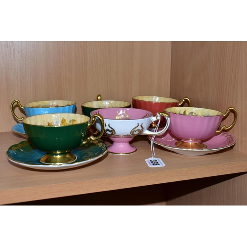 338 - A SET OF FOUR AYNSLEY ORCHARD GOLD CABINET TEA CUPS AND SAUCERS, all cups are signed by D.Jones, in ... 