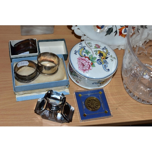 343 - A GROUP OF SILVER GIFTWARE AND ART GLASS, comprising three silver napkin rings, one Continental silv... 