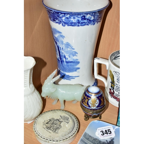 345 - A GROUP OF CERAMICS, comprising a large blue and white vase decorated with a scene of Abbey ruins, h... 