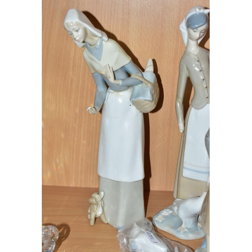 354 - THREE VINTAGE LLADRO FIGURINES, comprising Girl With a Milk Pale 4682 (broken right arm has been glu... 