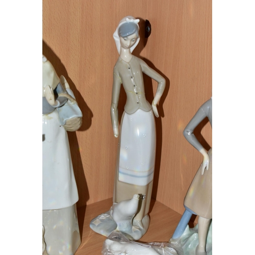 354 - THREE VINTAGE LLADRO FIGURINES, comprising Girl With a Milk Pale 4682 (broken right arm has been glu... 