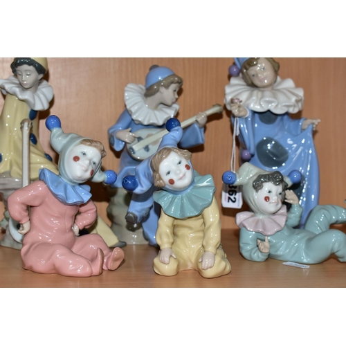 362 - SIX LLADRO NAO CLOWNS, comprising 'Young Clown With Mandolin' 1078, sculpted by Antonio Ramos (Mando... 