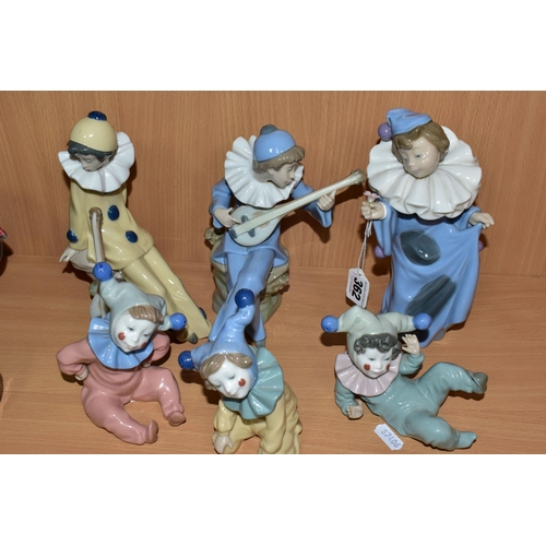 362 - SIX LLADRO NAO CLOWNS, comprising 'Young Clown With Mandolin' 1078, sculpted by Antonio Ramos (Mando... 