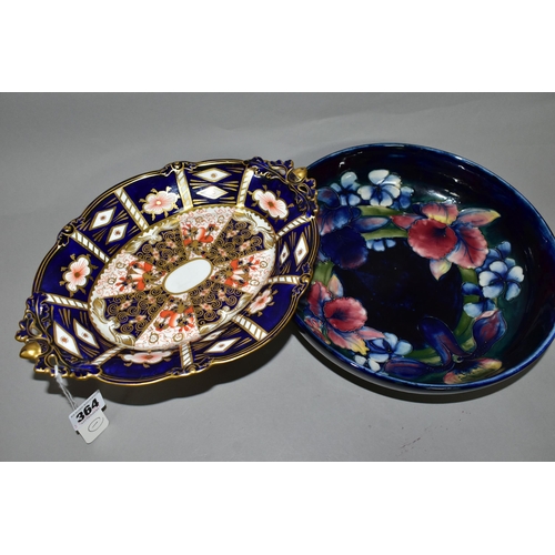 364 - A ROYAL CROWN DERBY IMARI PATTERN DISH TOGETHER WITH A MOORCROFT BOWL, comprising a two handled pede... 