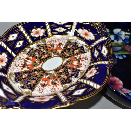 364 - A ROYAL CROWN DERBY IMARI PATTERN DISH TOGETHER WITH A MOORCROFT BOWL, comprising a two handled pede... 