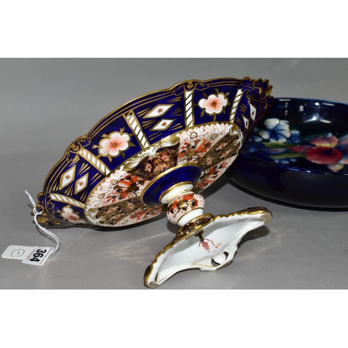 364 - A ROYAL CROWN DERBY IMARI PATTERN DISH TOGETHER WITH A MOORCROFT BOWL, comprising a two handled pede... 