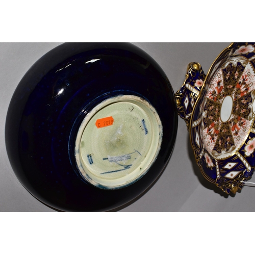 364 - A ROYAL CROWN DERBY IMARI PATTERN DISH TOGETHER WITH A MOORCROFT BOWL, comprising a two handled pede... 