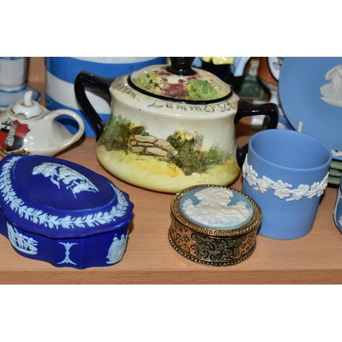 365 - A COLLECTION OF ASSORTED CERAMICS, comprising three pieces of Cornish Ware, teapot, lidded cannister... 