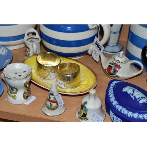 365 - A COLLECTION OF ASSORTED CERAMICS, comprising three pieces of Cornish Ware, teapot, lidded cannister... 