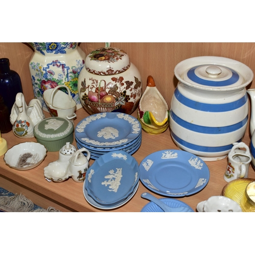 365 - A COLLECTION OF ASSORTED CERAMICS, comprising three pieces of Cornish Ware, teapot, lidded cannister... 