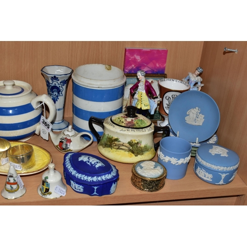 365 - A COLLECTION OF ASSORTED CERAMICS, comprising three pieces of Cornish Ware, teapot, lidded cannister... 