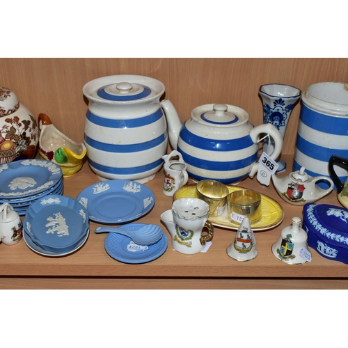 365 - A COLLECTION OF ASSORTED CERAMICS, comprising three pieces of Cornish Ware, teapot, lidded cannister... 