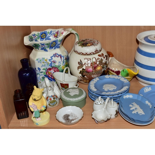 365 - A COLLECTION OF ASSORTED CERAMICS, comprising three pieces of Cornish Ware, teapot, lidded cannister... 