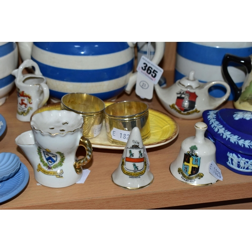 365 - A COLLECTION OF ASSORTED CERAMICS, comprising three pieces of Cornish Ware, teapot, lidded cannister... 