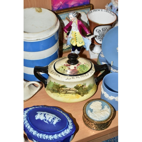 365 - A COLLECTION OF ASSORTED CERAMICS, comprising three pieces of Cornish Ware, teapot, lidded cannister... 