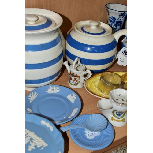 365 - A COLLECTION OF ASSORTED CERAMICS, comprising three pieces of Cornish Ware, teapot, lidded cannister... 