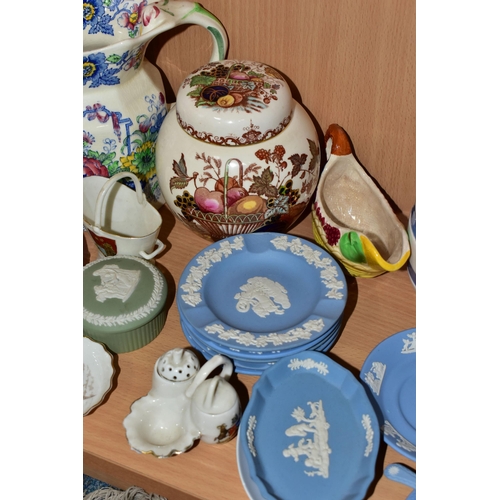 365 - A COLLECTION OF ASSORTED CERAMICS, comprising three pieces of Cornish Ware, teapot, lidded cannister... 