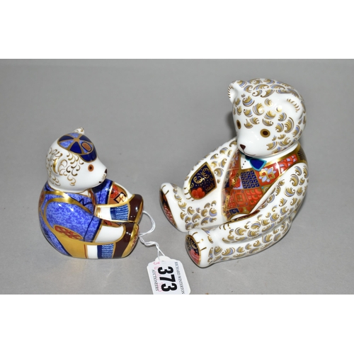 373 - TWO ROYAL CROWN DERBY TEDDY BEAR PAPERWEIGHTS, comprising Teddy Bear (Blue Bow Tie), height 12cm, in... 